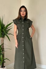 Haki Pile Detaylı Düğmeli Gabardin Elbise - HAKİ