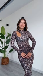Kadın Leopar Desenli Uzun Kollu Cut-Out Elbise - Leopar