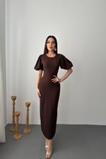 Kahverengi Kolları Balon Elbise - Kahverengi