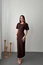 Kahverengi Kolları Balon Elbise - Kahverengi