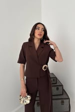 Kahverengi Tek Tokalı Ceket Ve Pantolon Takım - Kahverengi