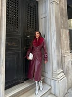 Kemerli, Kürk Detaylı Uzun Deri  Kadın Kaban - Bordo