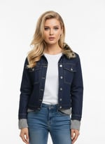 Kürk Yaka Detaylı Premium Denim Ceket – Modern Kesim Şık Jean Ceket - Mavi