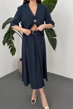 Lacivert Tek Düğmeli Kısa Ceket Ve Etek Takım - Lacivert
