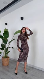 Leopar Desenli Uzun Kollu Şık Elbise - Leopar