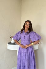 Lila Pileli Balon Kol Elbise - Lila