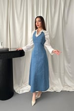 Mavi Halter Yaka Jean Elbise - Mavi