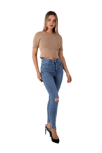 Mavi Renk Dar Paça Diz Yırtık Yüksek Bel Jeans - Mavi