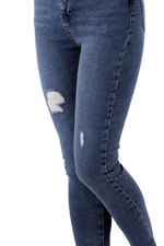 Mavi Renk Dar Paça Eskitme Detaylı Yüksek Bel Jeans - Mavi