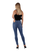 Mavi Renk Dar Paça Eskitme Detaylı Yüksek Bel Jeans - Mavi