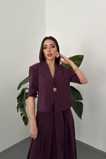 Mürdüm Tek Düğmeli Kısa Ceket Ve Etek Takım - Mürdüm