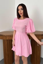 Pembe Arkadan Bağlamalı Keten Elbise - Pembe