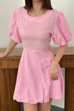 Pembe Arkadan Bağlamalı Keten Elbise - Pembe