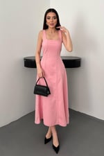 Pembe Çift Dikişli Gabardin Elbise - Pembe