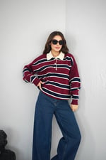 Polo Yaka Çizgili Triko Kazak – Rahat Kesim, Zamansız Stil-Bordo - Bordo