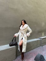 Premium Kürk Yakalı ve Kürk Manşetli Kuşaklı Uzun Kaşe Kaban - Bej