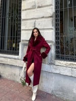 Premium Kürk Yakalı ve Kürk Manşetli Kuşaklı Uzun Kaşe Kaban - Bordo