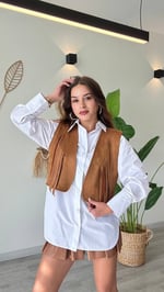 Püskül Detaylı Modern Yelek – Güçlü ve Özgür Stil-Taba - Taba
