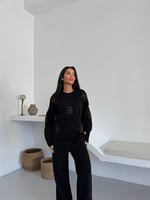 Siyah Ayıcık Desenli Oversize Triko Takım - Siyah
