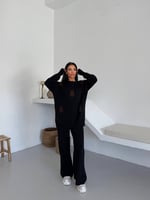 Siyah Ayıcık Desenli Oversize Triko Takım - Siyah