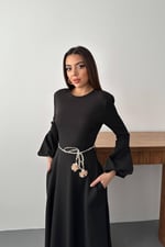 Siyah Balon Kollu Kuşaklı Elbise - Siyah
