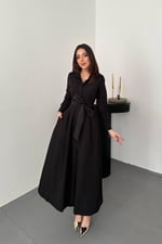Siyah Düğmeli Poplin Elbise - SİYAH