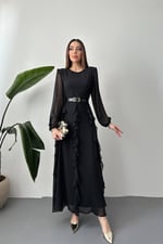 Siyah Kemerli Şifon Elbise - Siyah