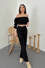 Siyah Madonna Yaka Gipeli Bluz Pantolon Takım - Siyah