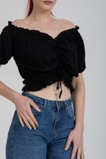 Siyah Renk Önü Büzgülü Detaylı Balon Kol Crop Bluz - Siyah