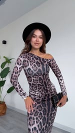 Tek Omuz Leopar Desenli Midi Elbise - Leopar