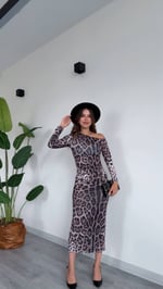 Tek Omuz Leopar Desenli Midi Elbise - Leopar