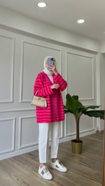  Çizgili Triko Hırka - Pembe - Kırmızı 