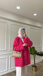  Çizgili Triko Hırka - Pembe - Kırmızı 