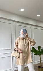 Bej - Fularlı Saten Gömlek
