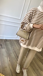 Bej - Oversize Çizgili Sweatshirt