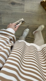 Bej - Oversize Çizgili Sweatshirt