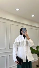 Beyaz - Püsküllü Kot Ceket 