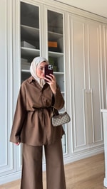 Çift Düğmeli Keten Takım Acı Kahve