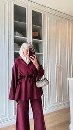 Çift Düğmeli Keten Takım Bordo