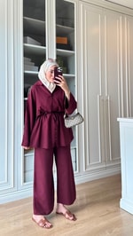Çift Düğmeli Keten Takım Bordo