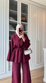 Çift Düğmeli Keten Takım Bordo
