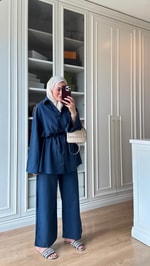 Çift Düğmeli Keten Takım Lacivert