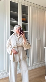 Çift Düğmeli Keten Takım Naturel