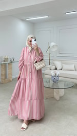 Çizgili Vual Elbise Pembe 