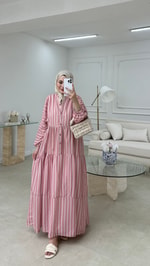Çizgili Vual Elbise Pembe 