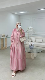 Çizgili Vual Elbise Pembe 