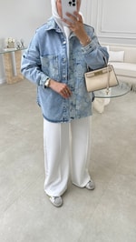 Desenli Denim Ceket Mavi