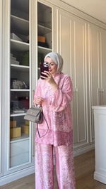 Desenli Saten Takım Pembe