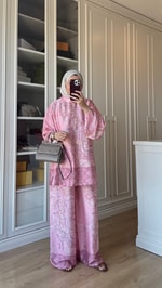 Desenli Saten Takım Pembe