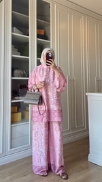 Desenli Saten Takım Pembe